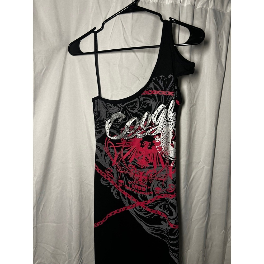 Coogi Womens One Shoulder Maxi Dress Black Pink Graphic Rhinestone Y2K M - Picture 5 of 10